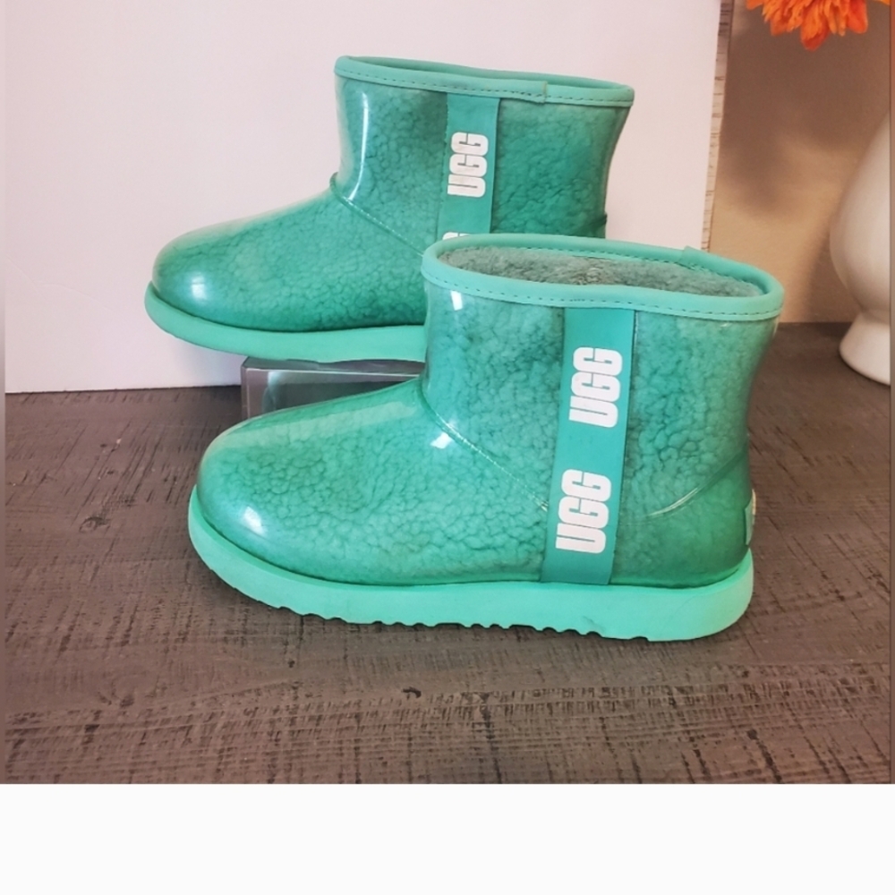 UGG NWOT Teal Clear Mini- Waterproof Rainboots Sherling Lined Ankle Size 7